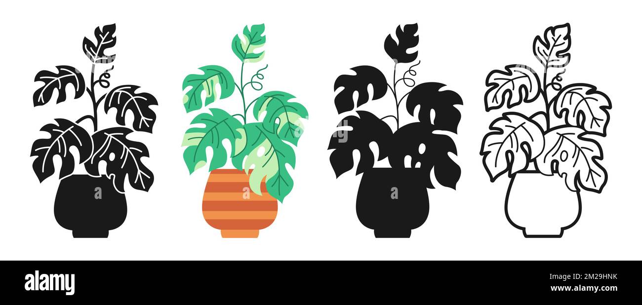 Cartoon-Ikonenset mit Blumentöpfen. Exotische Zimmerpflanzen Blütentopf Liniensymbol. Kollektion aus Keramik mit Kritzeleien, Ikonen oder Silhouetten im Botanical House Monstera. Blattwerk im Topfvektor Stock Vektor