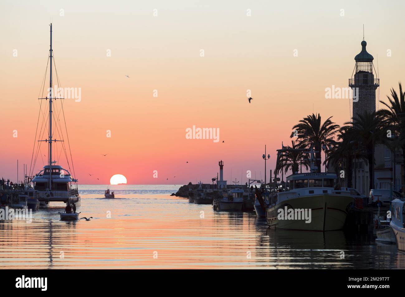 Sonnenuntergang am Hafen von Grau du ROI | Coucher de soleil sur le Port du Grau du ROI 17/12/2016 Stockfoto