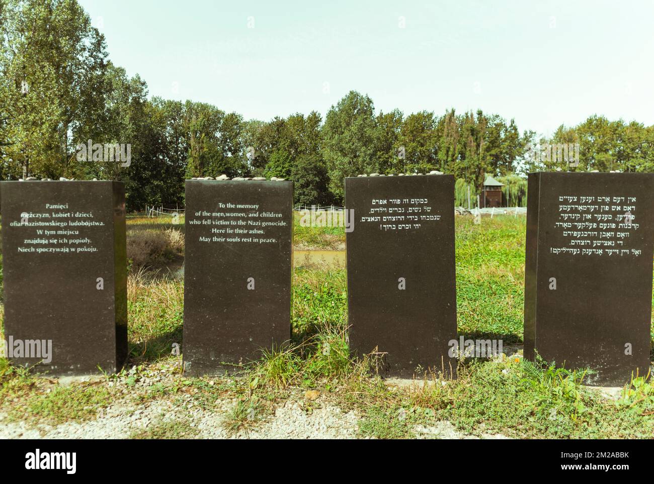 Auschwitz-Denkmäler in verschiedenen Sprachen, die an diesem Ort erklären, liegen Asche von Männern, Frauen, Kindern Auschwitz-Birkenau-Opfern nazi-Konzentration Stockfoto