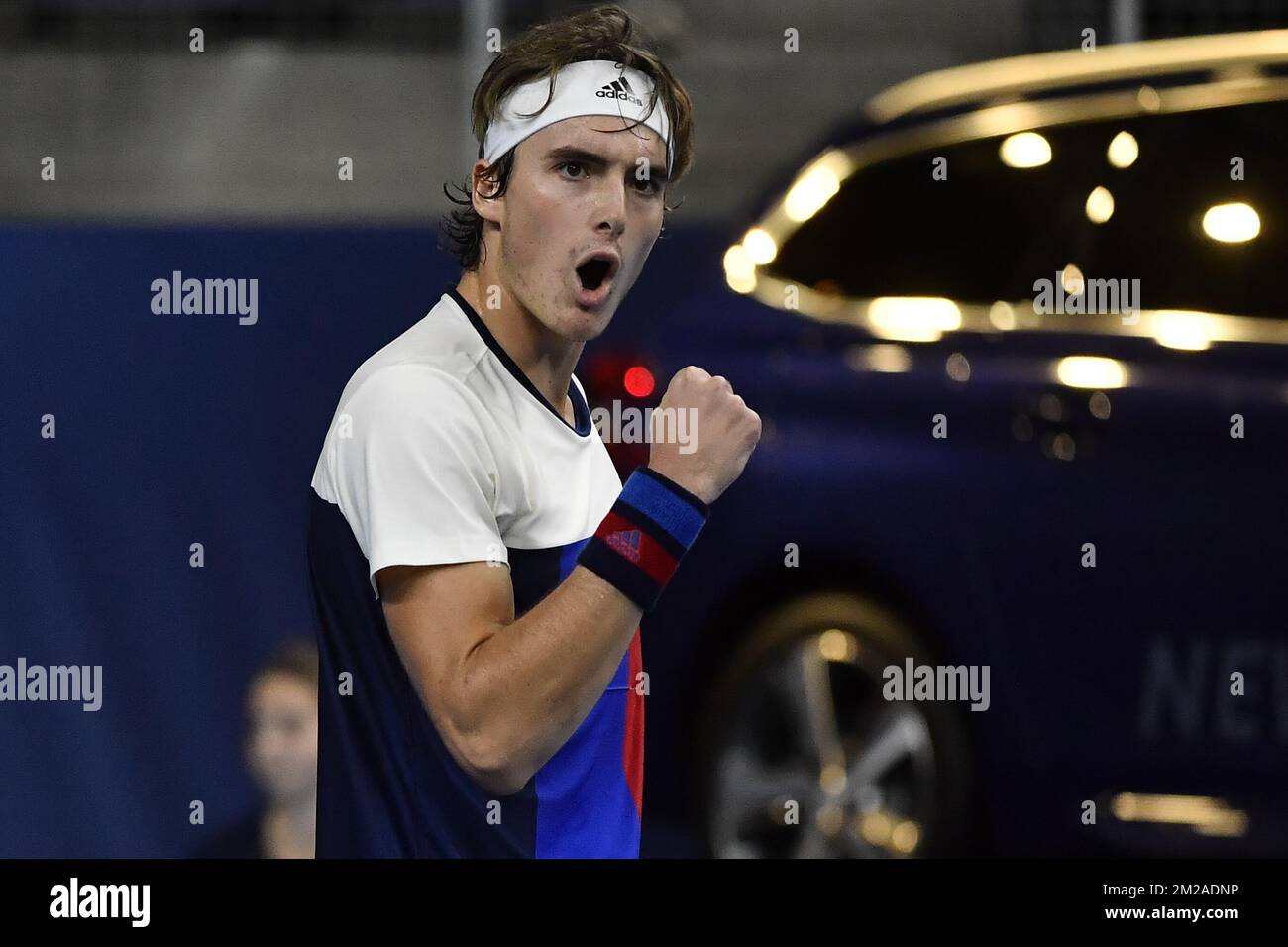 Stefanos Tsitsipas wurde während eines Finalspiels 1/2 zwischen dem belgischen David Goffin und dem griechischen Stefanos Tsitsipas am fünften Tag des ATP Antwerpener Tennisturnier auf Hartplatz am Freitag, den 20. Oktober 2017 in Antwerpen gezeigt. BELGA FOTO DIRK WAEM Stockfoto