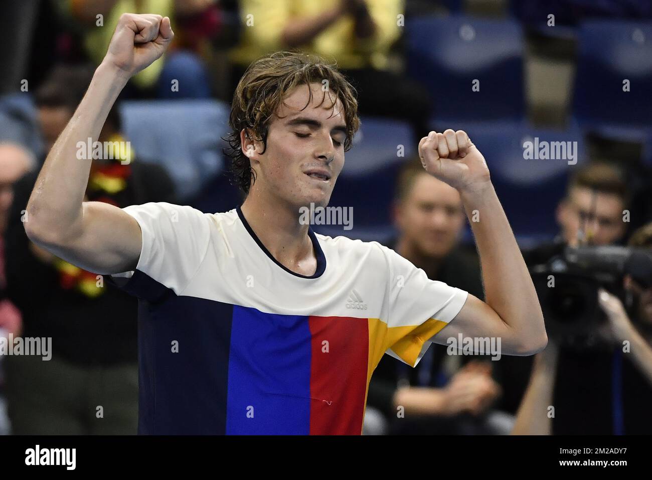 Stefanos Tsitsipas wurde während eines Finalspiels 1/2 zwischen dem belgischen David Goffin und dem griechischen Stefanos Tsitsipas am fünften Tag des ATP Antwerpener Tennisturnier auf Hartplatz am Freitag, den 20. Oktober 2017 in Antwerpen gezeigt. BELGA FOTO DIRK WAEM Stockfoto