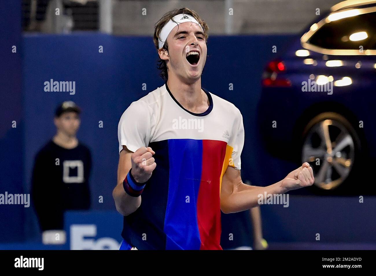 Stefanos Tsitsipas wurde während eines Finalspiels 1/2 zwischen dem belgischen David Goffin und dem griechischen Stefanos Tsitsipas am fünften Tag des ATP Antwerpener Tennisturnier auf Hartplatz am Freitag, den 20. Oktober 2017 in Antwerpen gezeigt. BELGA FOTO DIRK WAEM Stockfoto