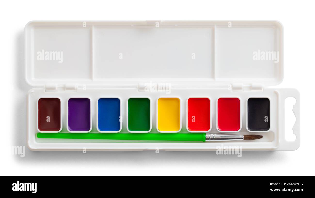 Watercolor Paint Set Palette with Brush Cut Out on White. Stockfoto