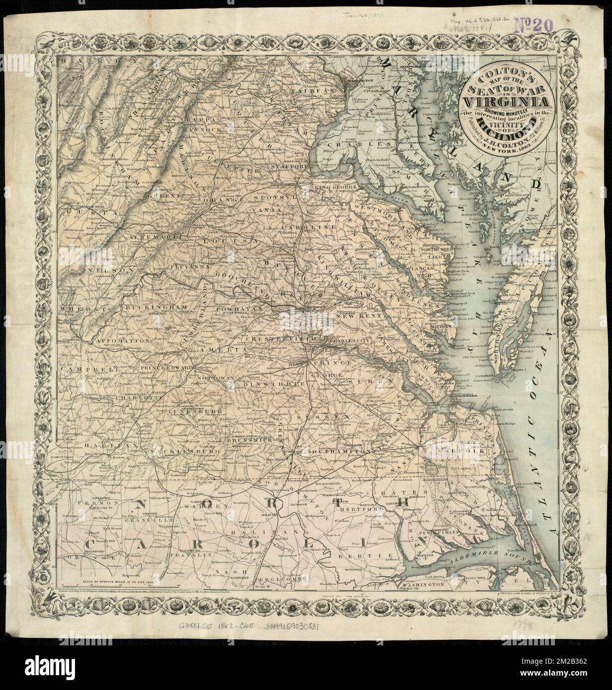 Coltons Karte des Kriegssitzes in Virginia : zeigt die interessanten Orte in der Umgebung von Richmond , Virginia, Geschichte, Bürgerkrieg, 1861-1865, Karten, North Carolina, Geschichte, Bürgerkrieg, 1861-1865, Karten Norman B. Leventhal Kartenzentrum Sammlung Stockfoto