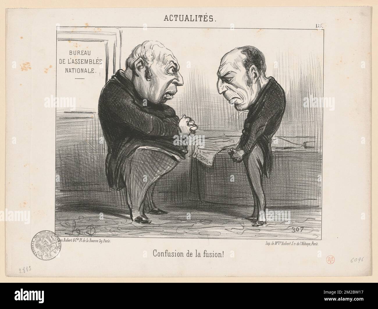 Verwirrung de la Fusion, Philosophen, Historiker, Anwälte, Herrscher, Guizot, Francois, 1787-1874, Berryer, Pierre-Antoine, 1790-1868, Chambord, Henri-Charles-Ferdinand-Marie-Dieudonné d'Artois, comte de, 1820-1883, Paris, Louis-Philippe-Albert d'Orléans, comte de, 1838-1894. Honoré Daumier (1808-1879). Lithografien Stockfoto