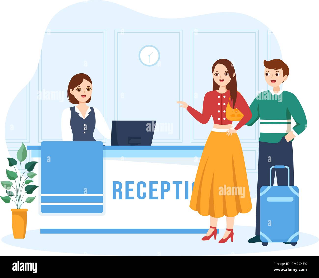 Hotelrezeption Innenansicht mit Rezeptionisten und Reisenden für die Buchung in Flat Cartoon handgezeichnete Vorlage Illustration Stock Vektor