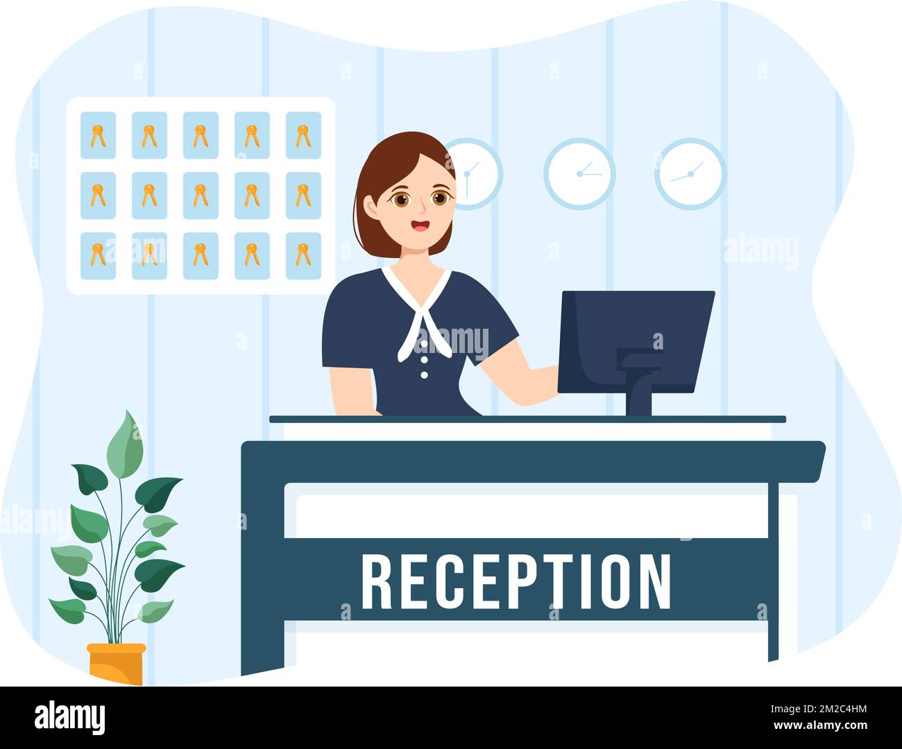 Hotelrezeption Innenansicht mit Rezeptionisten und Reisenden für die Buchung in Flat Cartoon handgezeichnete Vorlage Illustration Stock Vektor