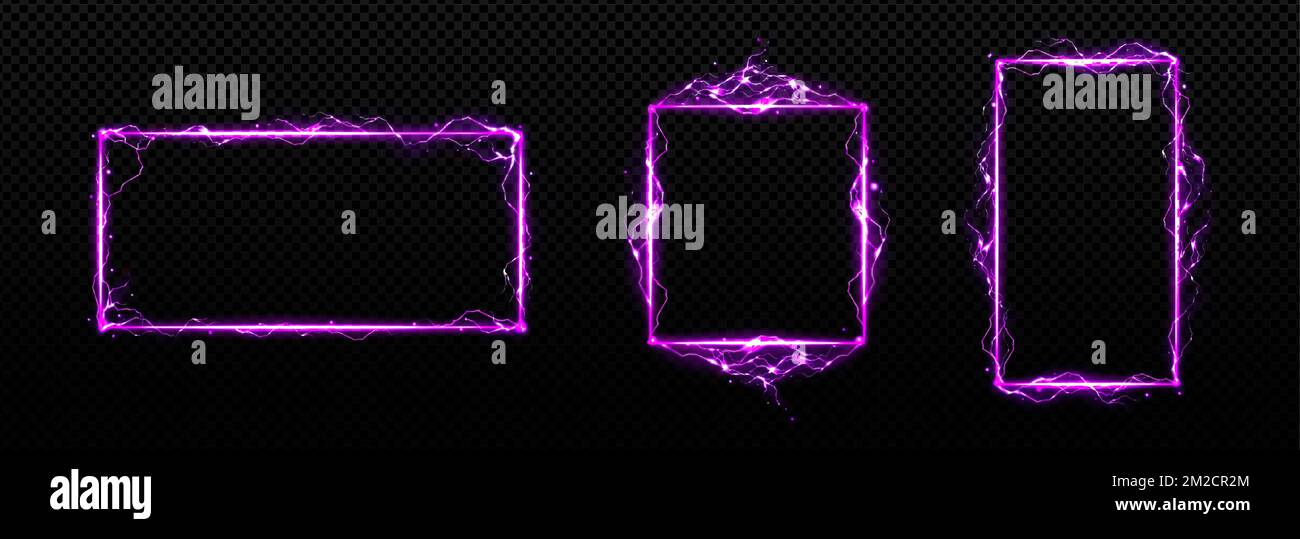 Set von violetten rechteckigen Blitzbildern, isoliert auf transparentem Hintergrund. Realistische Vektordarstellung der Neonglühenden magischen Kraft, elektrische Energieeffektgrenzen für die spiel-ui. Konstruktionselement Stock Vektor
