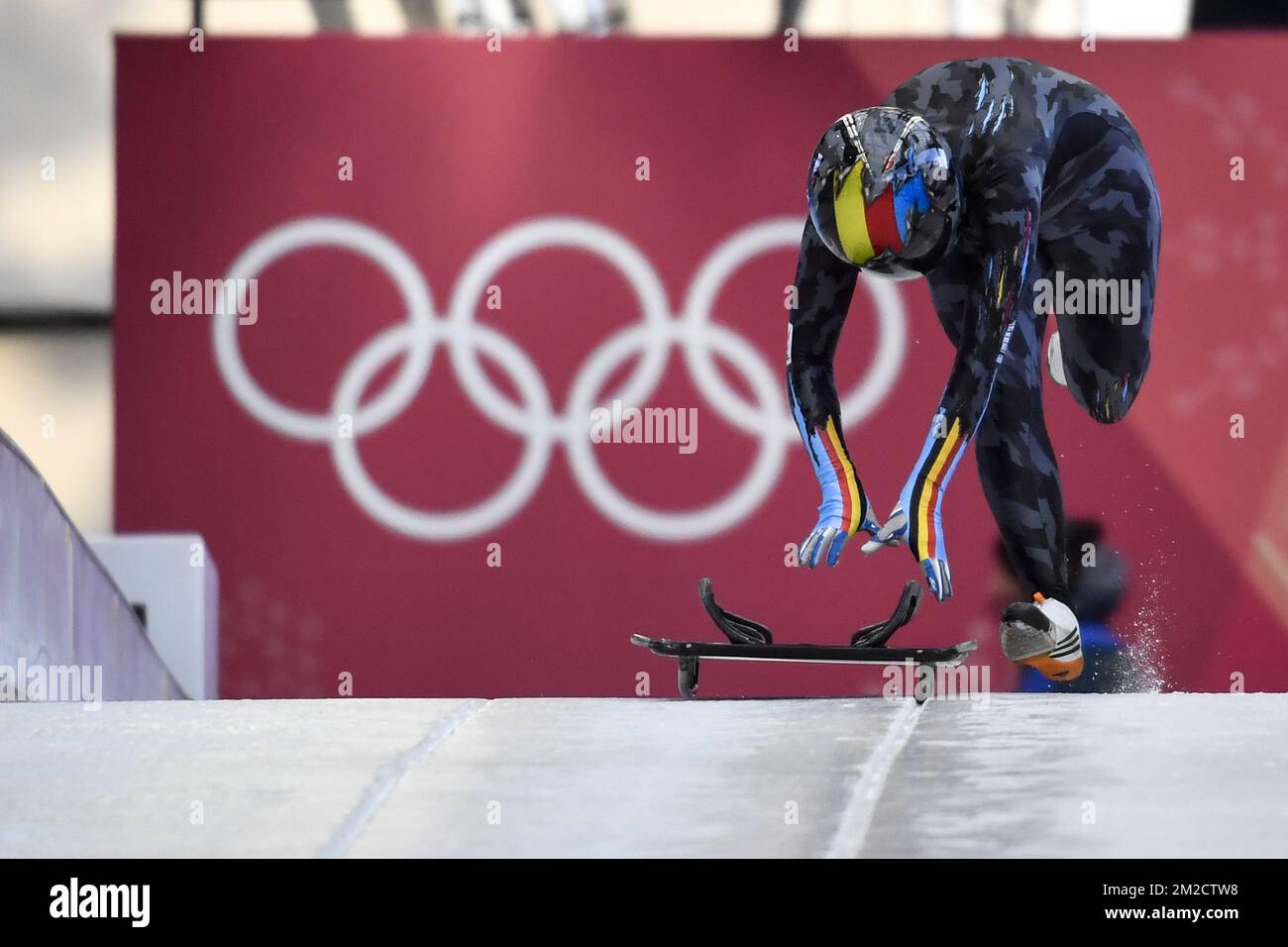 Der belgische Skelettsportler Kim Meylemans in Aktion bei einem Training vor den Olympischen Winterspielen, Mittwoch, den 07. Februar 2018, in Pyeongchang, Südkorea. Die XXIII Olympischen Winterspiele finden vom 9. Februar bis zum 25. Februar in Pyeongchang County, Südkorea, statt. BELGA FOTO DIRK WAEM Stockfoto