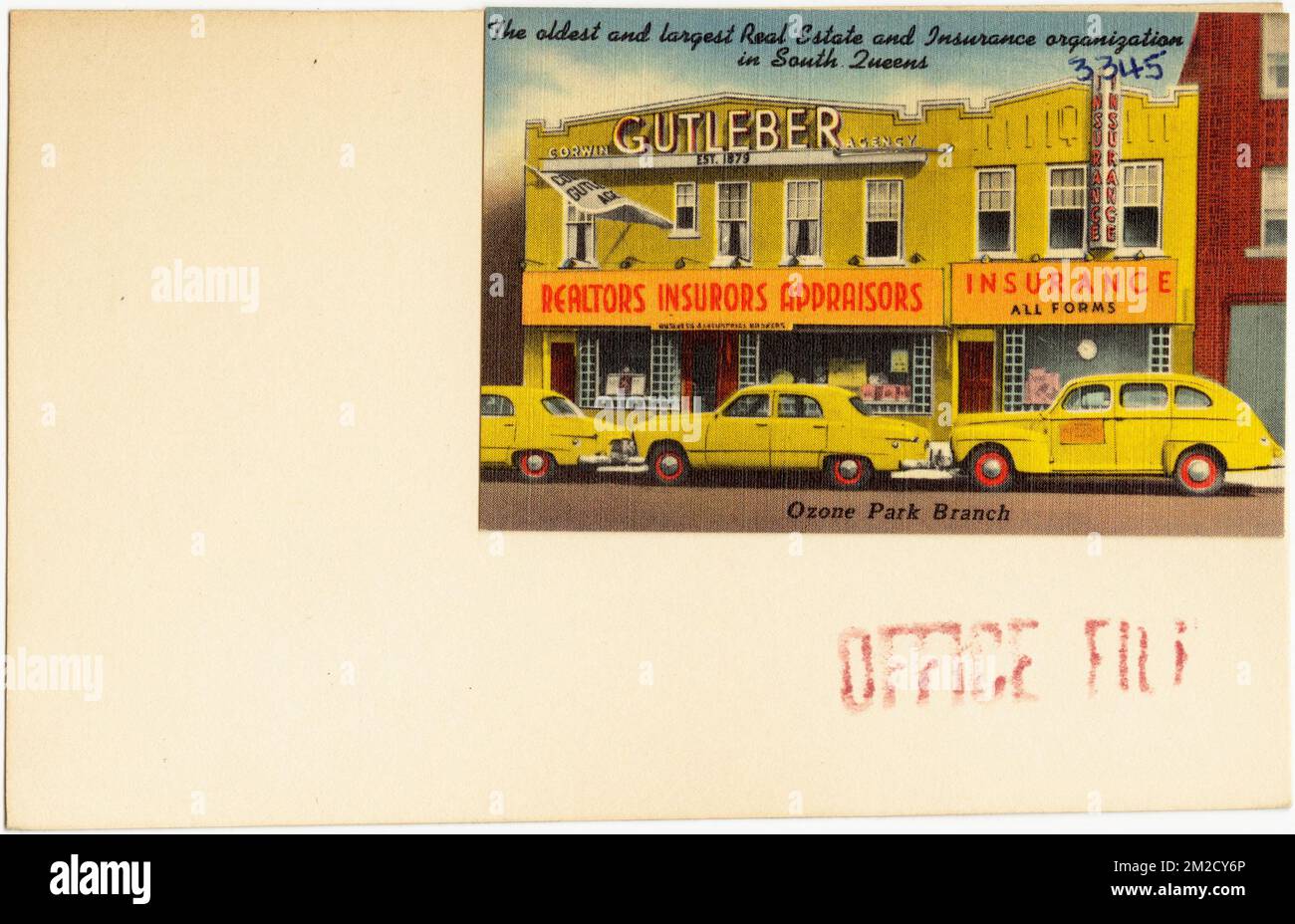 Corwin Gutleber Agentur. Die älteste und größte Immobilien- und Versicherungsorganisation in South Queens. Ozon Park Branch, Handelseinrichtungen, Tichnor Brothers Collection, Postkarten der Vereinigten Staaten Stockfoto