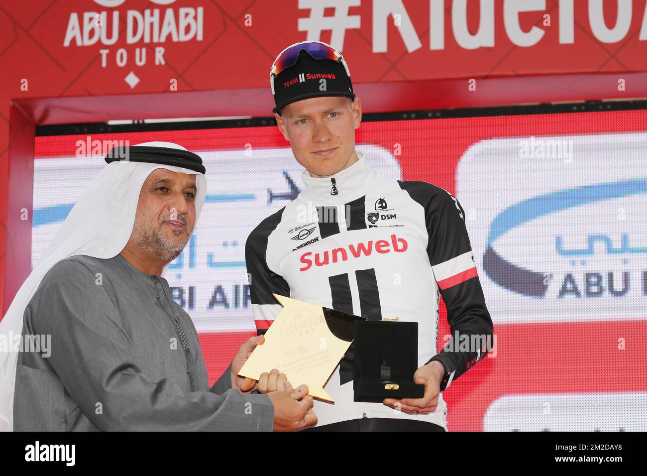 Dutch Wilco Kelderman of Team Sunweb pictured on the podium after the fifth and final stage of the 4th edition of the Abu Dhabi cycling tour, 199km from Qasr Al Muwaiji to Jebel Hafeet, in Abu Dhabi, Sunday 25 February 2018. BELGA PHOTO YUZURU SUNADA FRANCE OUT  Stockfoto