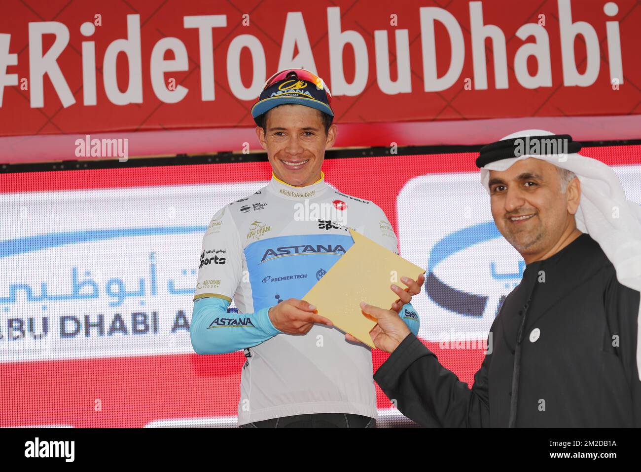 Spanish Miguel Angel Lopez of Astana Pro Team celebrates as leader of the young classification after the fifth and final stage of the 4th edition of the Abu Dhabi cycling tour, 199km from Qasr Al Muwaiji to Jebel Hafeet, in Abu Dhabi, Sunday 25 February 2018. BELGA PHOTO YUZURU SUNADA FRANCE OUT  Stockfoto