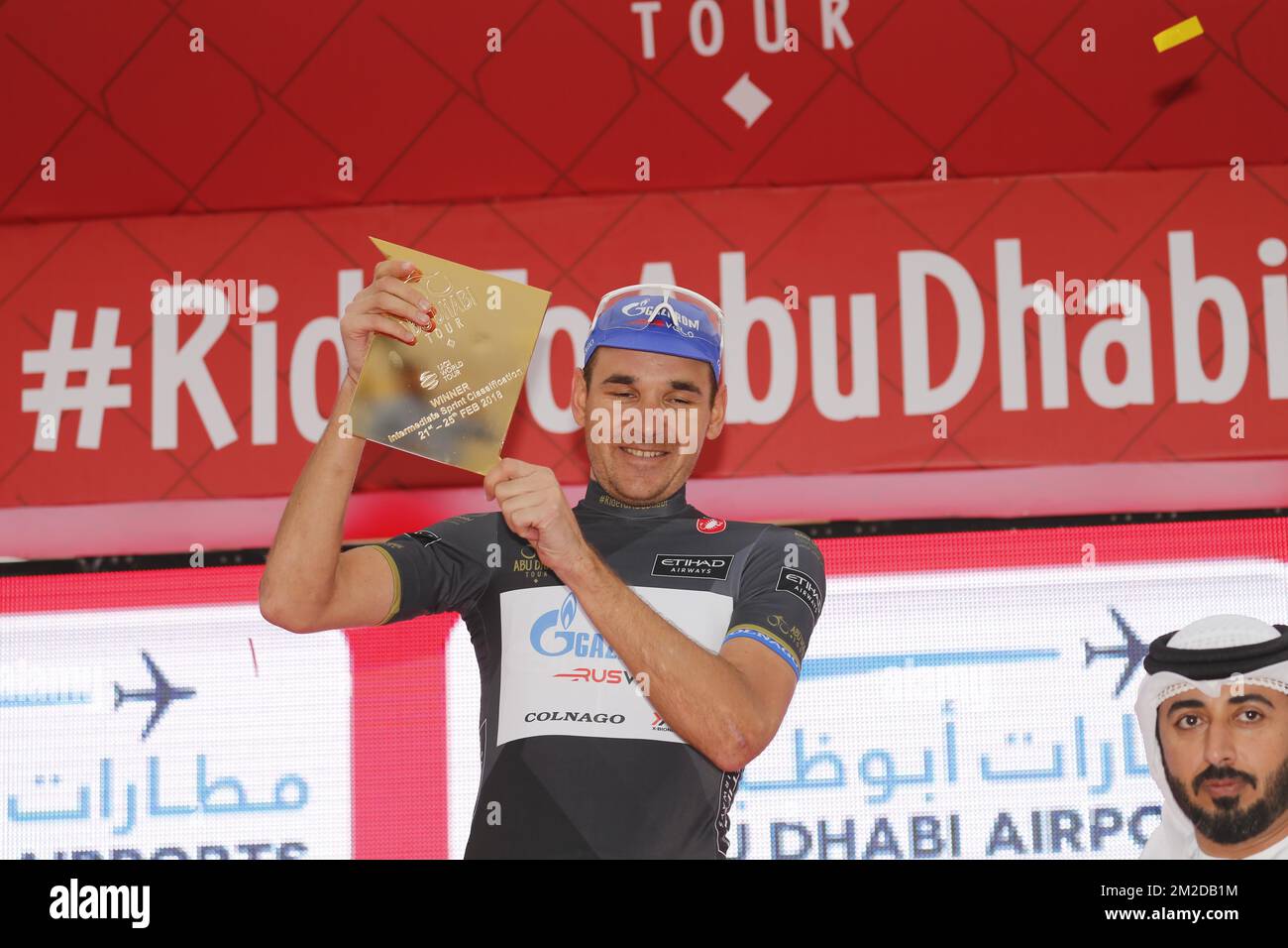 Der russische Nikolay Trusov von Gazprom-RusVelo feiert nach der fünften und letzten Etappe der 4.. Auflage der Radtour in Abu Dhabi, 199km von Qasr Al Muwaiji nach Jebel Hafeet, in Abu Dhabi, Sonntag, den 25. Februar 2018. BELGA FOTO YUZURU SUNADA FRANCE RAUS Stockfoto