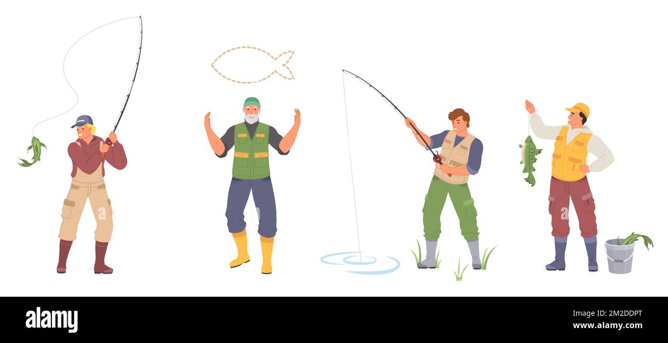 Fisherman with rod and fish vector isolated set Stock Vektor