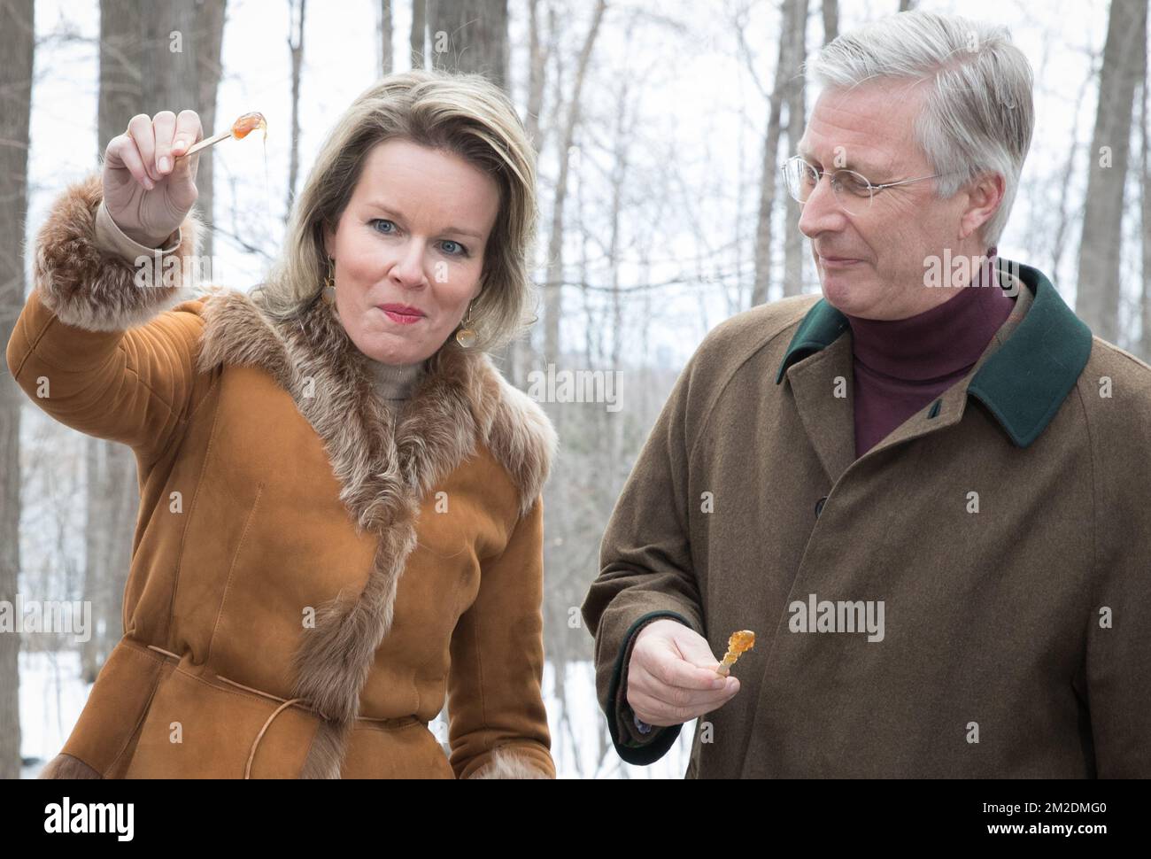 Königin Mathilde von Belgien und König Philippe - Filip von Belgien, abgebildet bei einem Besuch in einer Zuckerbude am ersten Tag eines Staatsbesuchs der belgischen Königsfamilie in Kanada in Ottawa, Kanada, Montag, 12. März 2018. BELGA FOTO BENOIT DOPPPAGNE Stockfoto