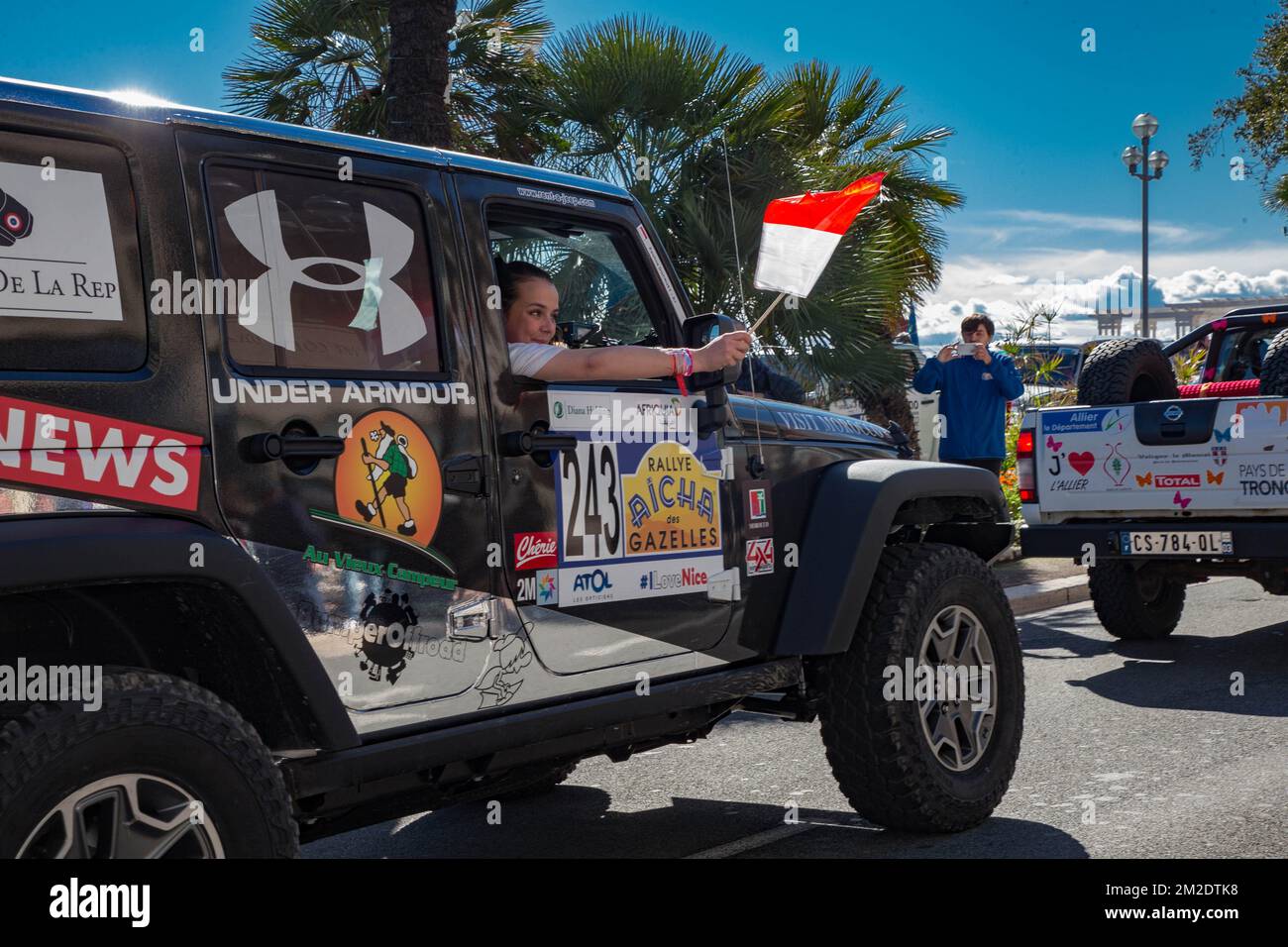 Pauline Ducruet, die Tochter von Prinzessin Stephanie von Monaco im Jeep Wrangler, der an der Rallye des Gazelles du Maroc teilnimmt. | Pauline Ducruet la fille de la Princesse Stéphanie de Monaco dans la Jeep Wrangler Participant au Rallye des Gazelles du Maroc. 17/03/2018 Stockfoto