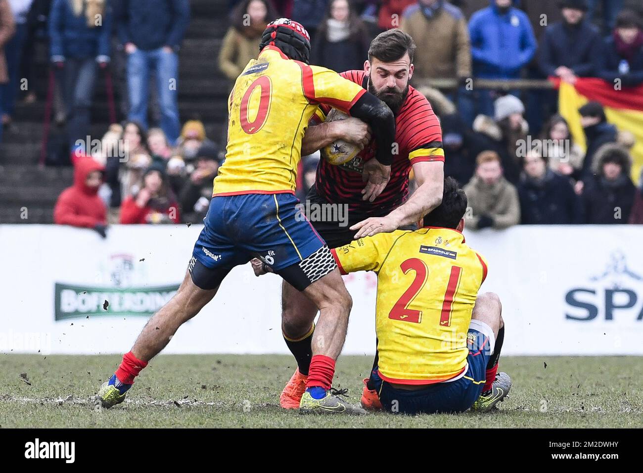 Die Abbildung zeigt das Spiel zwischen den Black Devils, der belgischen Rugbymannschaft, und Spanien bei der Weltmeisterschaft der Männer in Brüssel am Sonntag, den 18. März 2018. BELGA FOTO LAURIE DIEFFEMBACQ Stockfoto