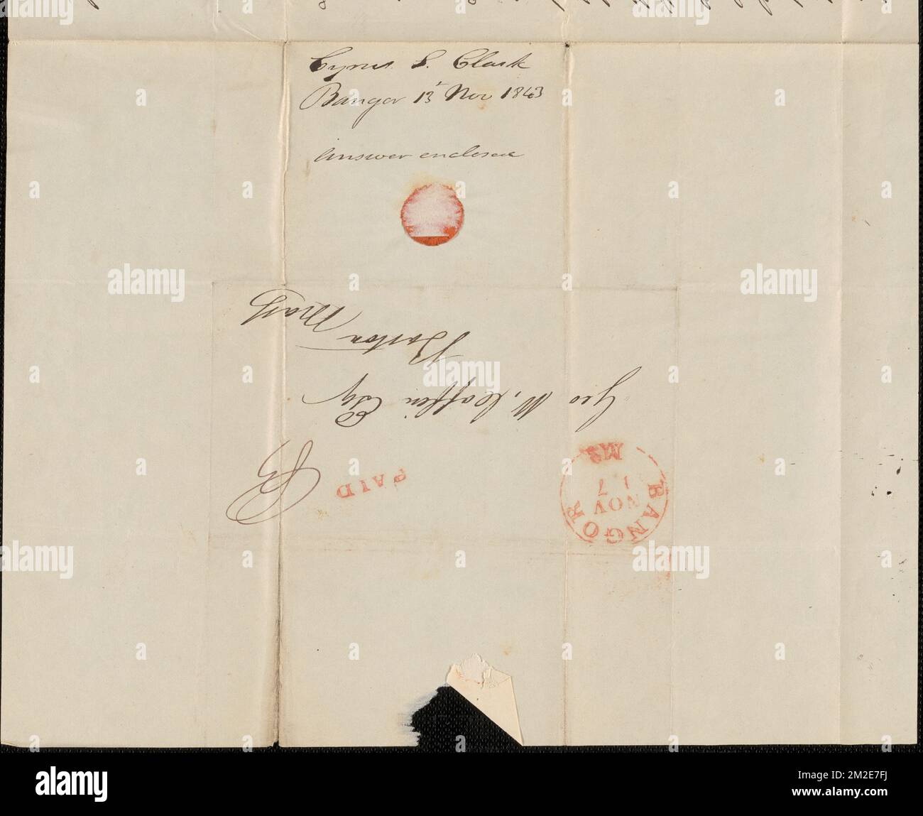 Cyrus S. Clark an George Coffin, 13. November 1843 , Public Land Sales, USA, Massachusetts, Politik und Regierung, 1775-1865, Maine, Politik und Regierung, 1775-1865, Vereinigte Staaten, Geschichte, Revolution, 1775-1783, Ansprüche, Kanada, Grenzen, Vereinigte Staaten Stockfoto