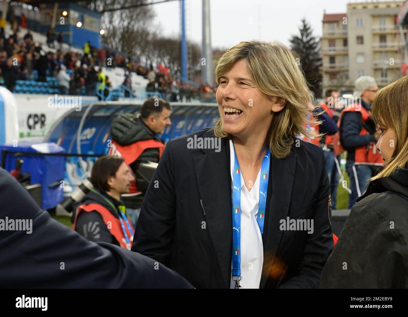 Italiens Cheftrainer Milena Bertolini zeigte sich am Dienstag, den 10. April 2018, bei einem Fußballspiel zwischen Italien und Belgien Red Flames in Ferrara, dem fünften von 8 Qualifikationsspielen für die Frauenweltmeisterschaft 2019. BELGA FOTO DAVID CATRY Stockfoto