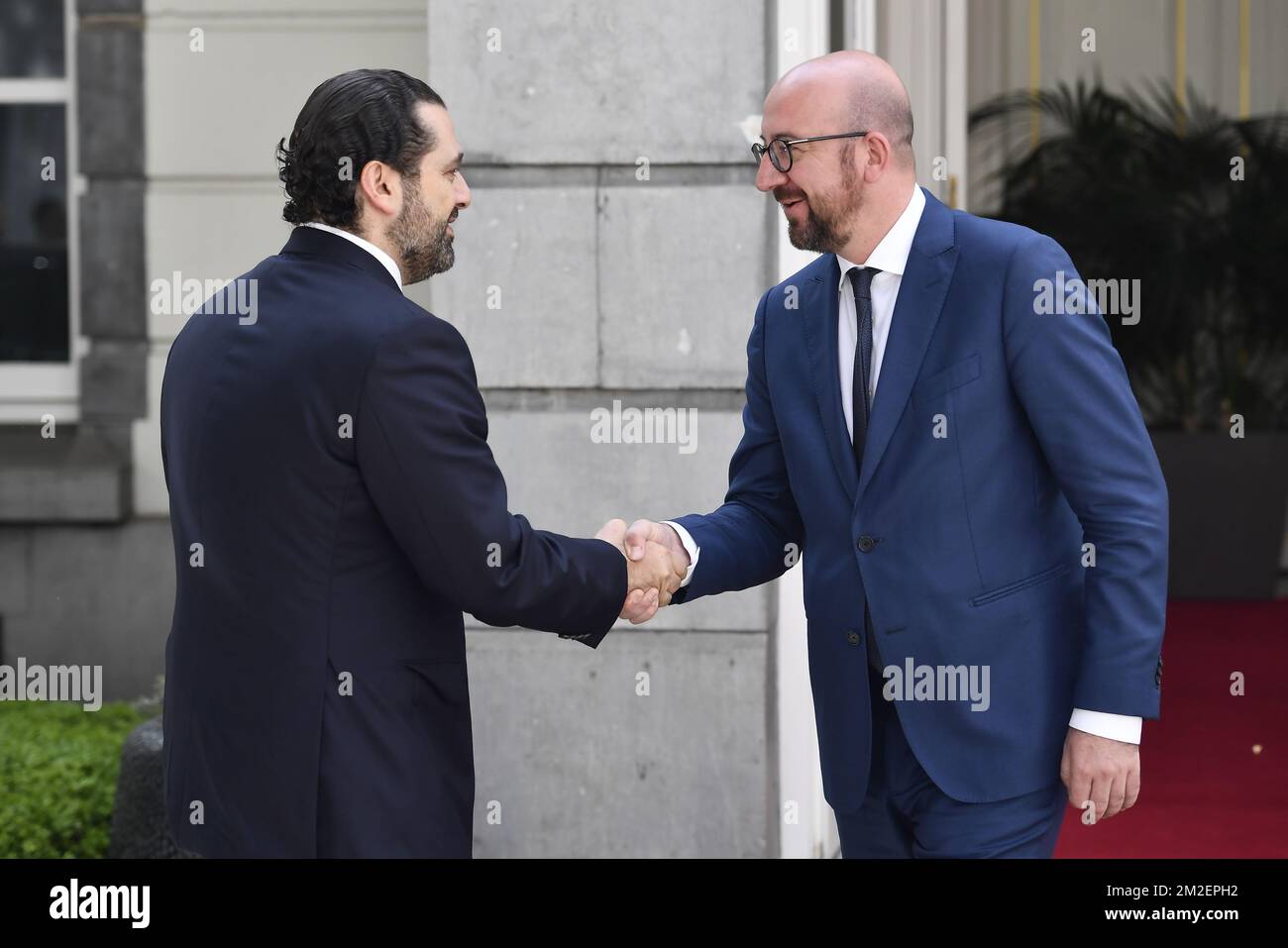 Der libanesische Ministerpräsident Saad Hariri und der belgische Premierminister Charles Michel wurden am Mittwoch, den 25. April 2018 in Brüssel auf einem Treffen zwischen dem belgischen Ministerpräsidenten Michel und dem libanesischen Ministerpräsidenten Hariri vorgestellt. BELGA FOTO DIRK WAEM Stockfoto