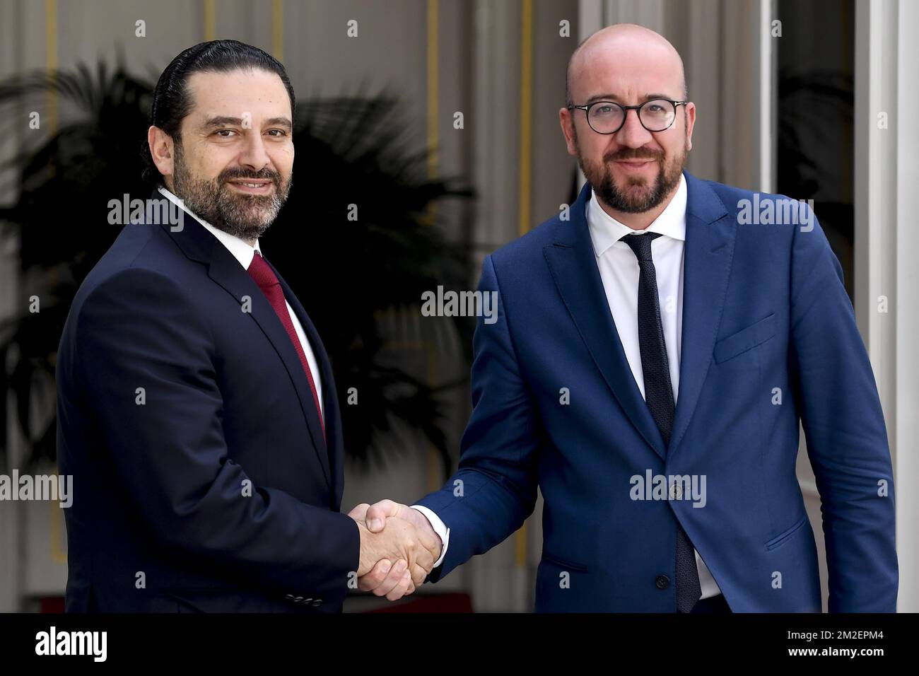 Der libanesische Ministerpräsident Saad Hariri und der belgische Premierminister Charles Michel wurden am Mittwoch, den 25. April 2018 in Brüssel auf einem Treffen zwischen dem belgischen Ministerpräsidenten Michel und dem libanesischen Ministerpräsidenten Hariri vorgestellt. BELGA FOTO DIRK WAEM Stockfoto