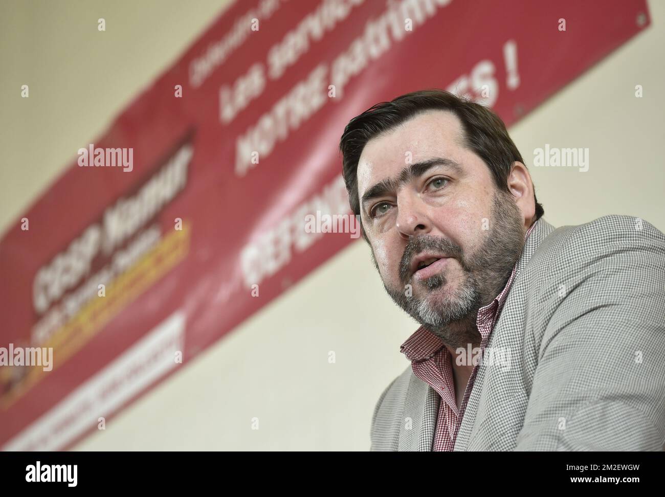 CGSP-Generalsekretär Patrick Lebrun spricht während eines Treffens der französischsprachigen sozialistischen Gewerkschaft CGSP Namur am 1. Mai, Internationaler Arbeitstag, Dienstag, den 01. Mai 2018 in Namur. BELGA FOTO JOHN THYS Stockfoto