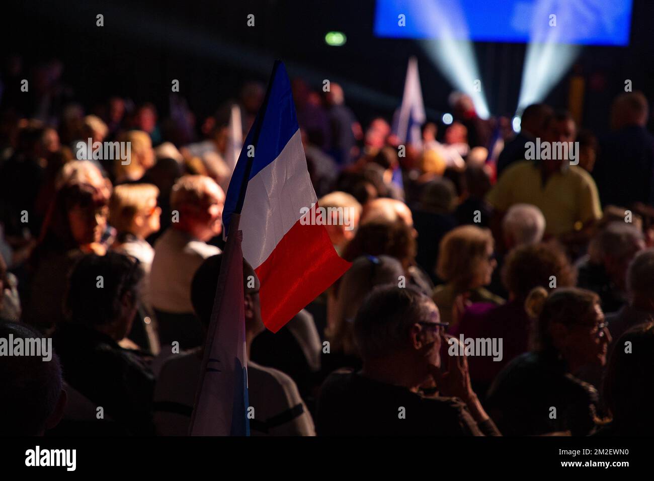 Im Mai 1. marschierte Marine entgegen seinen Gewohnheiten nicht in Paris, sondern ernannte seine Aktivisten in Nizza anlässlich des von der Bewegung Europa der Nationen und Freiheiten (MENL) veranstalteten Treffens. | Pour le 1er Mai Contracirement à ses habitudes, Marine ne défilait pas à Paris, mais à donné rendez vous à ses militants à Nice, à l' occasion de la réunion organisée par le Mouvement Europe des Nations et des libertés (MENL) . 01/05/2018 Stockfoto