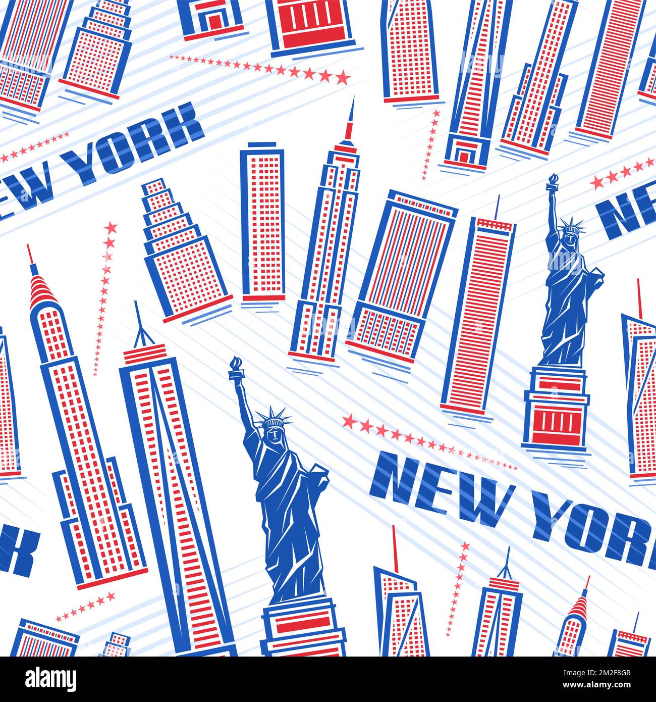 Vector New York City Nahtloses Muster, quadratischer Wiederholhintergrund mit Illustrationen roter Cartoon-Gebäude und Freiheitsstatue auf weißem Hintergrund, Stock Vektor