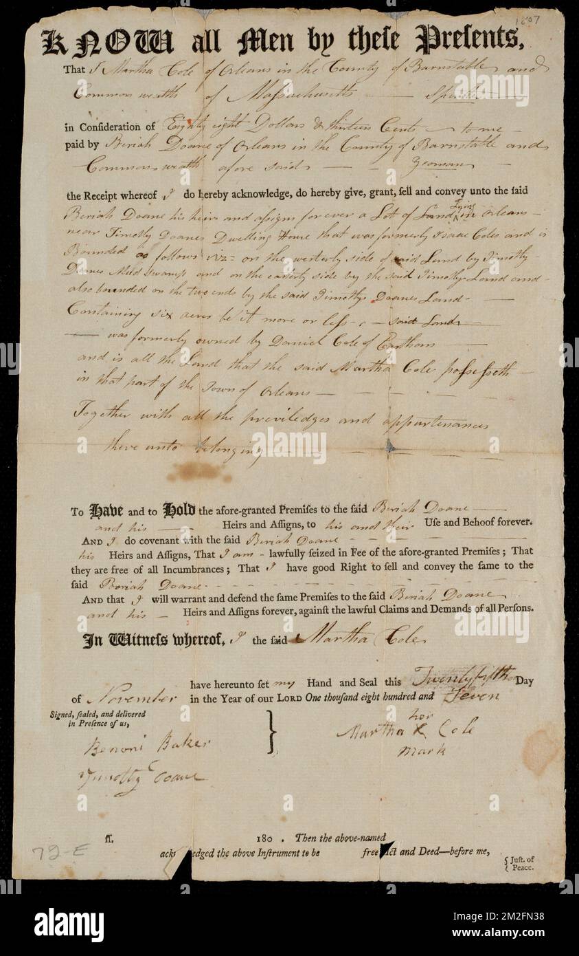 Immobilienurkunde in Orleans, verkauft an Beriah Doane von Orleans von Martha Cole von Orleans. Stanley Smith, Urkundensammlung Stockfoto