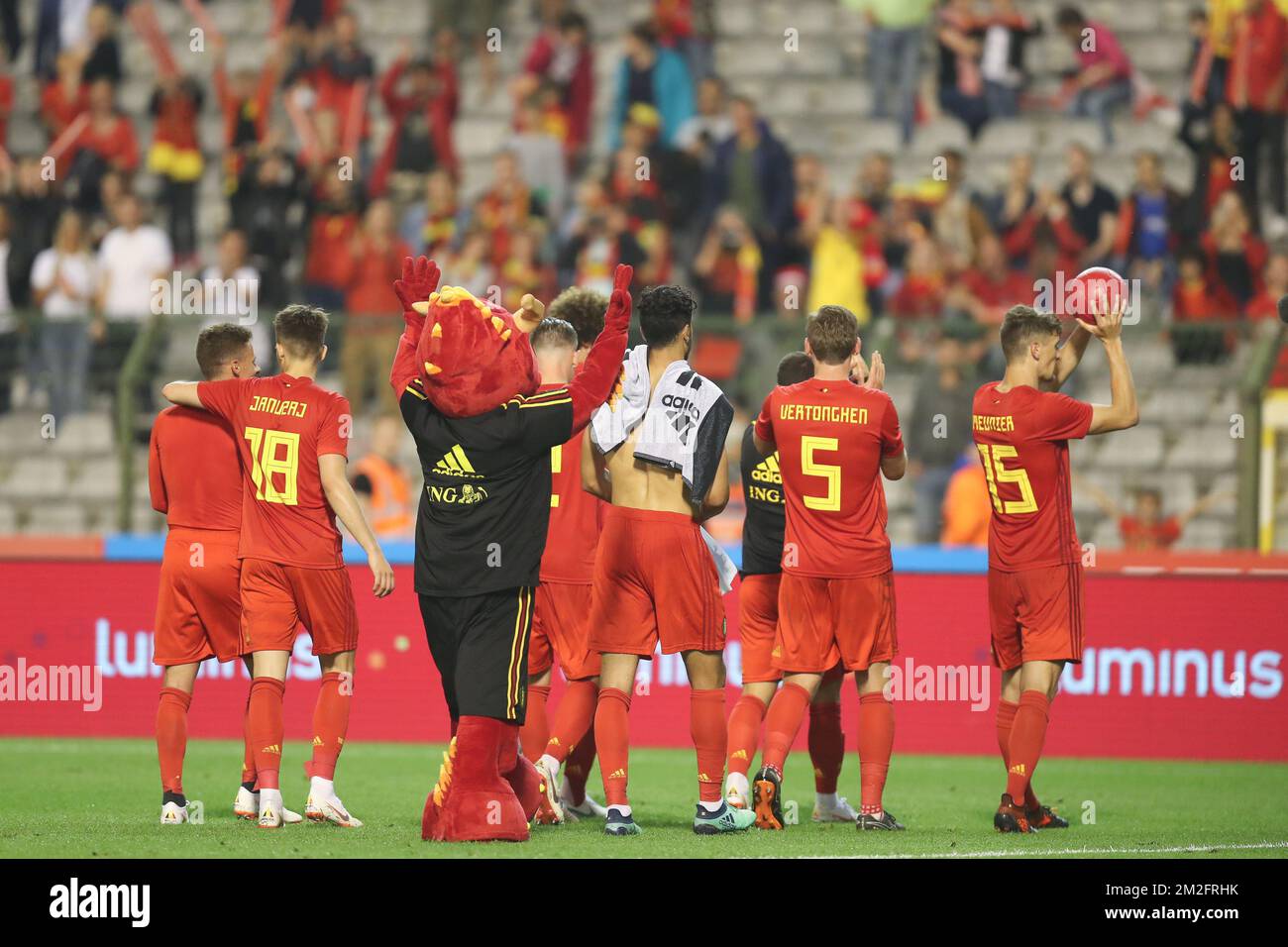 Die belgischen Spieler wurden nach einem freundschaftlichen Fußballspiel zwischen der belgischen Nationalmannschaft Red Devils und Portugal am Samstag, den 02. Juni 2018, in Brüssel fotografiert. Die Teams bereiten sich auf die bevorstehende FIFA-Weltmeisterschaft 2018 in Russland vor. BELGA FOTO BRUNO FAHY Stockfoto