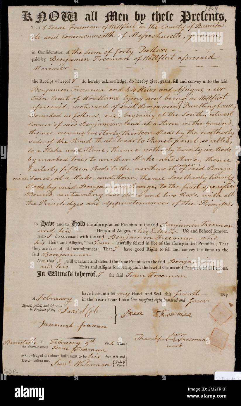 Immobilienurkunde in Wellfleet, verkauft an Benjamin Freeman von Wellfleet von Isaac Freeman von