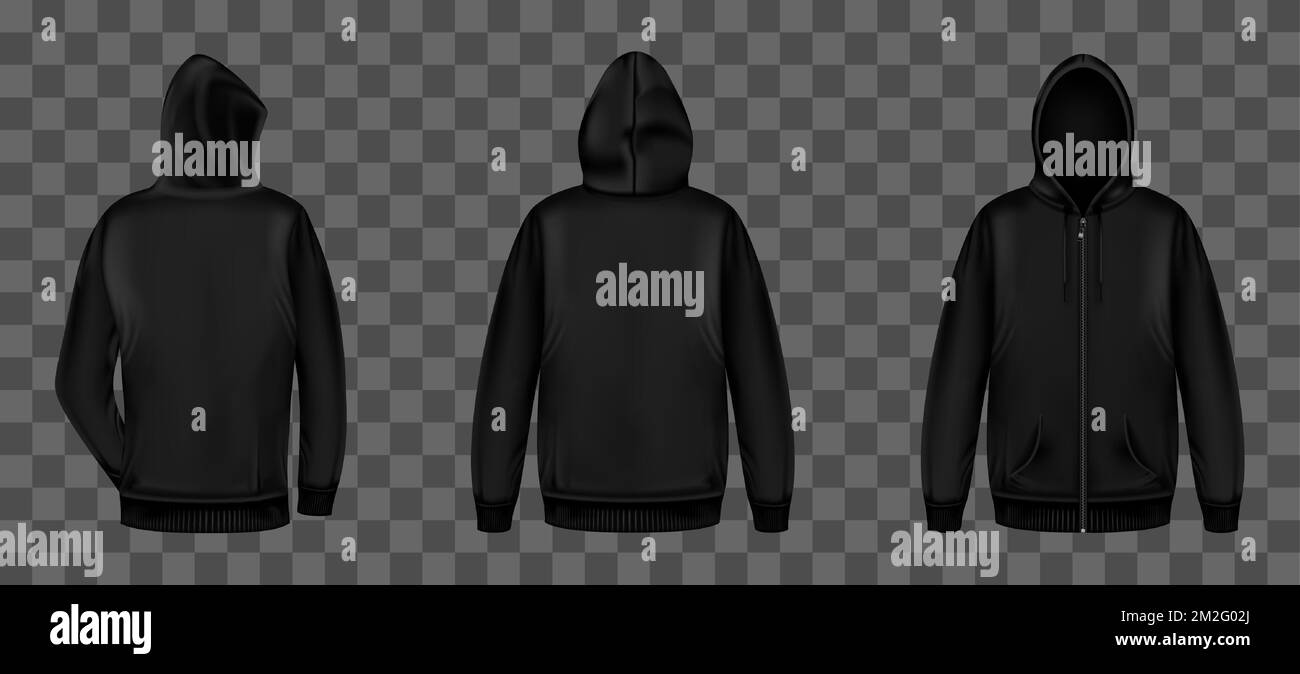 Black sweatshirt with zipper, hood and pockets front and back view. Vector realistic mockup of male zip hoodie with long sleeve. Man silhouette in street wear, urban style sport shirt Stock Vektor