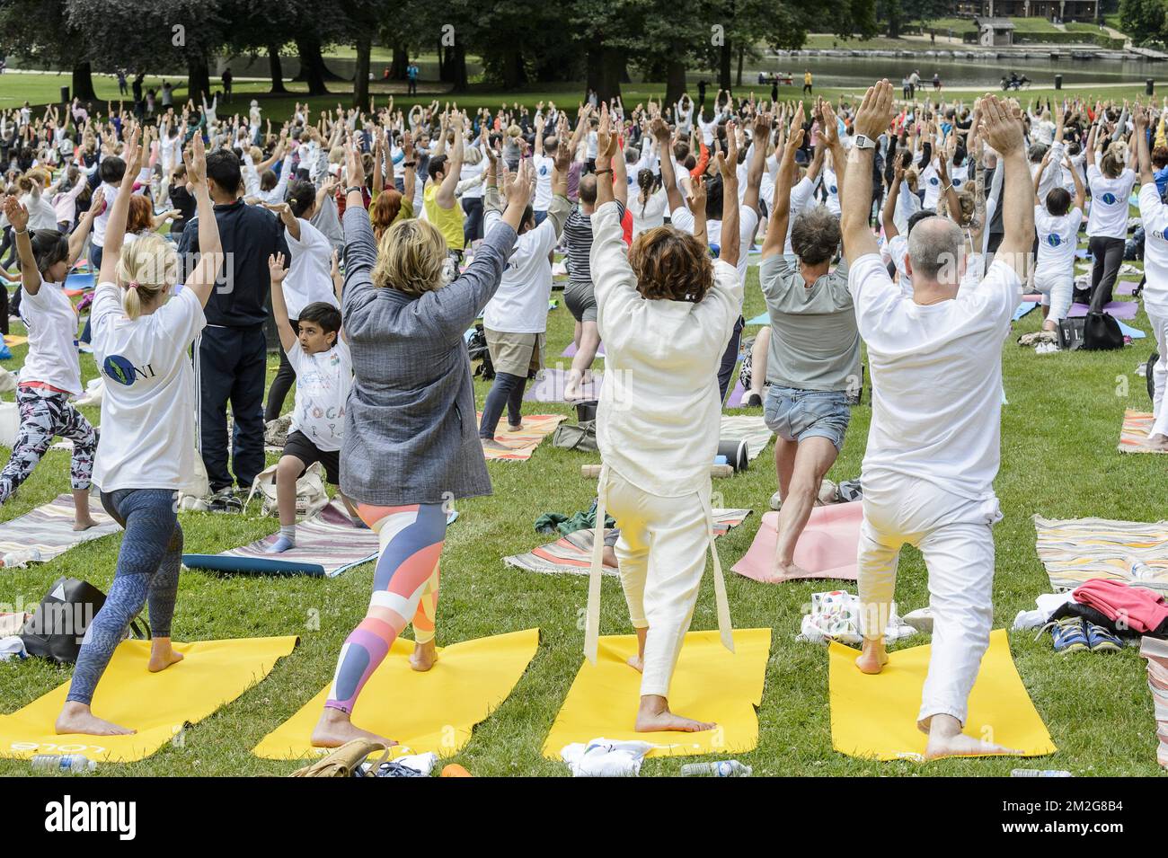 5. Yogaday in Brüssel | Cinquieme Yoga day au bois de la Cambre a Bruxelles. Plusieurs centaines d'amateurs et debutants pratriquent Ensemble Differentes Haltungen de Yoga. 24/06/2018 Stockfoto