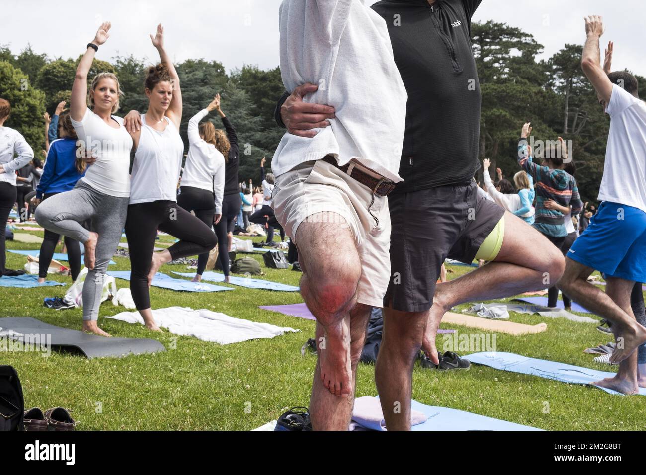5. Yogaday in Brüssel | Cinquieme Yoga day au bois de la Cambre a Bruxelles. Plusieurs centaines d'amateurs et debutants pratriquent Ensemble Differentes Haltungen de Yoga. 24/06/2018 Stockfoto