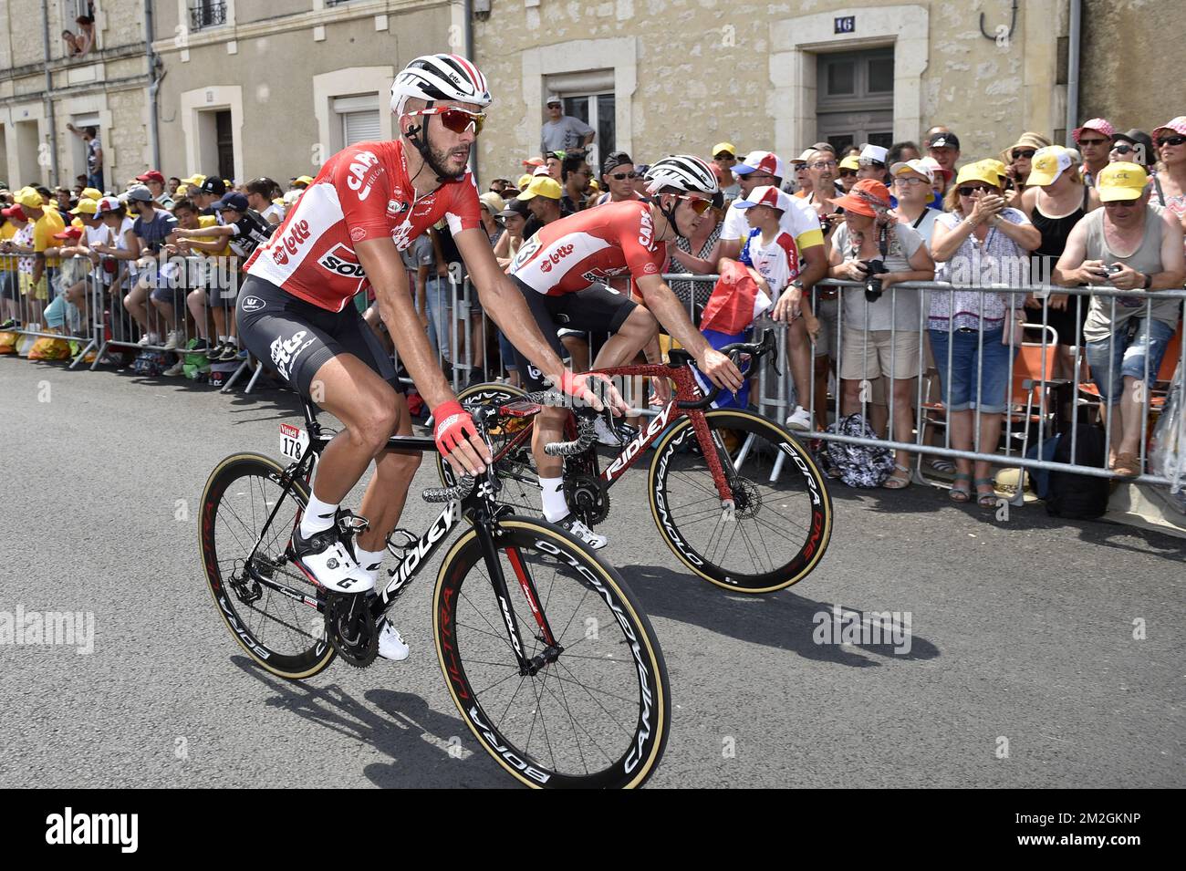 Belgian Jelle Vanendert of Lotto-Soudal and Belgian Jasper De Buyst of Lotto-Soudal pictured after the arrival of the first stage of the 105th edition of the Tour de France cycling race, 201km from Noirmoutier-en-l'Ile to Fontenay-le-Comte, France, Saturday 07 July 2018. This year's Tour de France takes place from July 7th to July 29th. BELGA PHOTO YORICK JANSENS Stockfoto