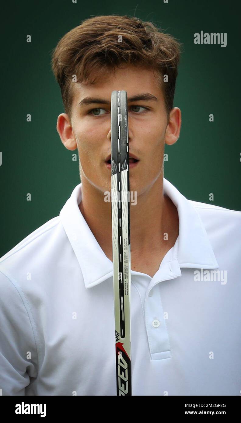Belgian Louis Herman pictured during a tennis match between Belgian Louis Herman and US Trey Hilderbrand, in round two of the boys singles at the 2018 Wimbledon grand slam tennis tournament at the All England Tennis Club, in south-west London, Britain, Tuesday 10 July 2018. BELGA PHOTO VIRGINIE LEFOUR Stockfoto