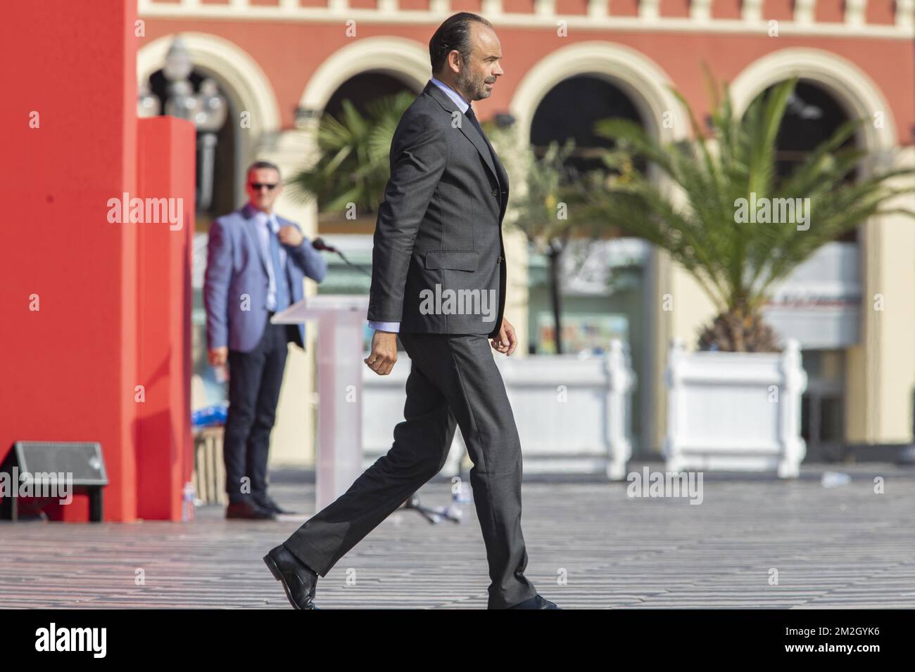 Der französische Premierminister Edouard Philippe t die Begehung des Bombenanschlags von Nizza im Juli 14 in Nizza. | Le Premier Ministre Francais Edouard Philippe Lors de la Commémoration de l'attentat de Nice ce 14 Juillet à Nice. 14/07/2018 Stockfoto