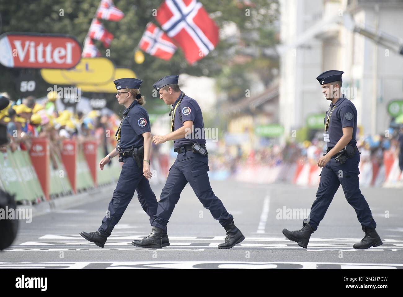 Police pictured at the finish of the 18th stage of the 105th edition of the Tour de France cycling race, 171km from Trie-sur-Baise to Pau, France, Thursday 26 July 2018. This year's Tour de France takes place from July 7th to July 29th. BELGA PHOTO YORICK JANSENS  Stockfoto