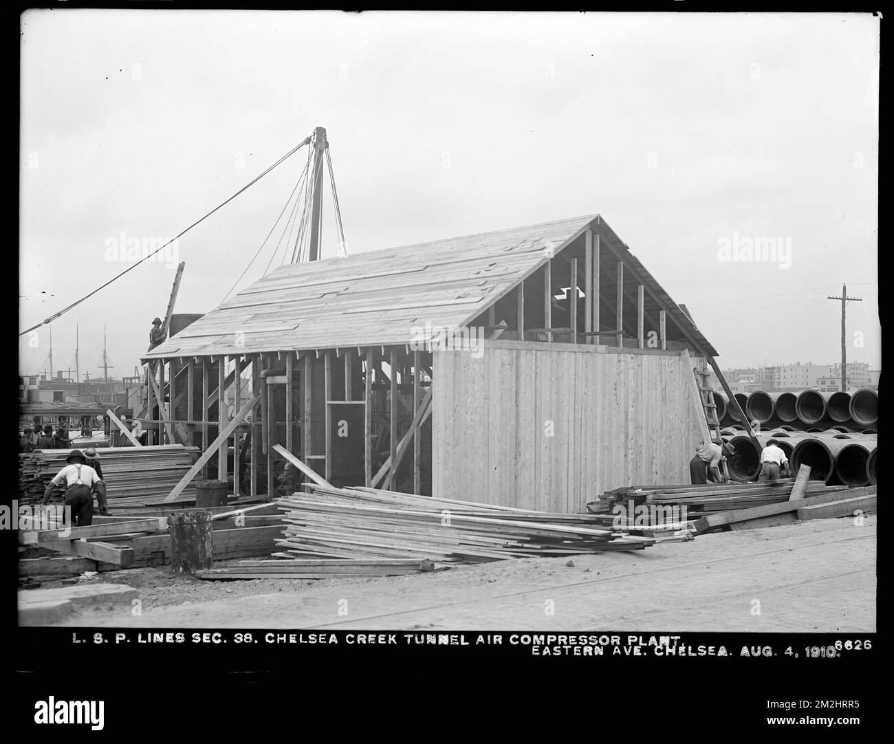 Verteilerabteilung, Low Service Pipe Lines, Section 38, Chelsea Creek Tunnel Luftkompressoranlage, Eastern Avenue, Chelsea, Mass., August 4, 1910 , Wasserwerke, Wassertunnel, Baustellen Stockfoto