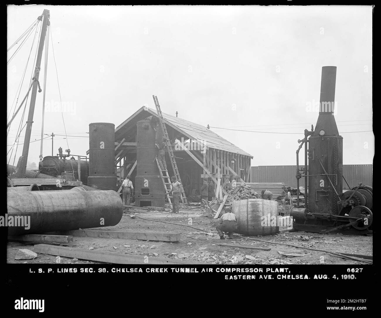 Verteilerabteilung, Low Service Pipe Lines, Section 38, Chelsea Creek Tunnel Luftkompressoranlage, Eastern Avenue, Chelsea, Mass., August 4, 1910 , Wasserwerke, Wassertunnel, Baustellen Stockfoto