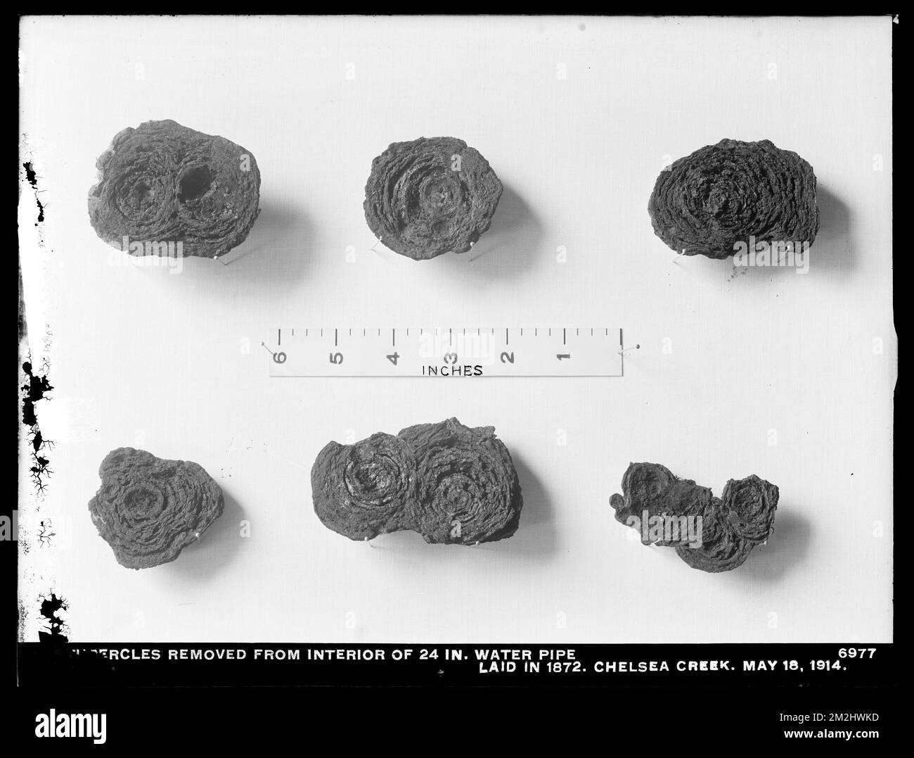Vertriebsabteilung, Low-Service-Rohrleitungen, Entfernung von Tuberkeln aus dem Inneren der 24-Zoll-Wasserleitung 1872, Chelsea Creek; Chelsea; East Boston, Massachusetts, 18. Mai 1914, Wasserwerke, Rohrleitungen, Tuberkel Stockfoto