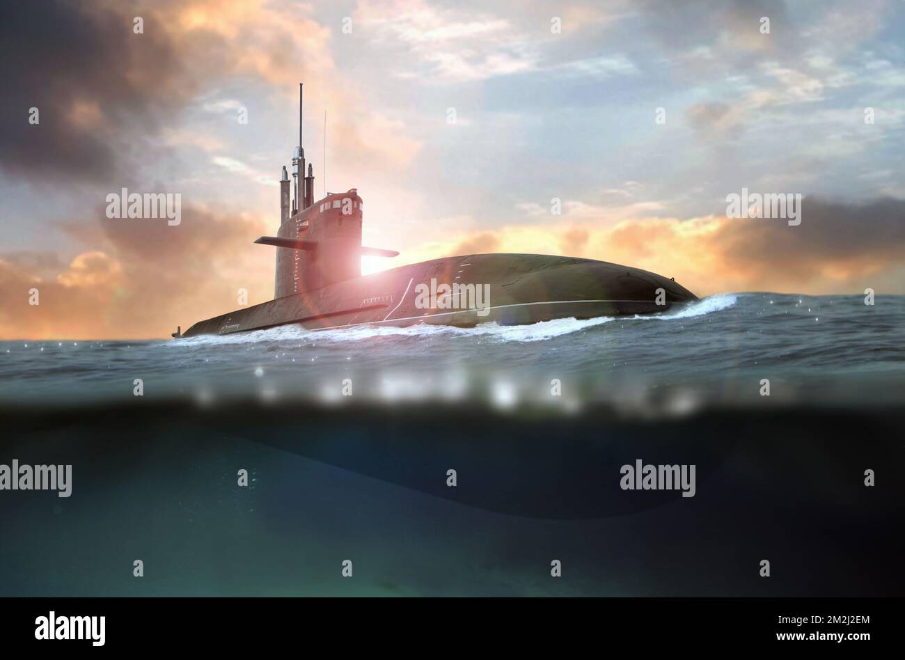 Ein Marine-U-Boot, das auf See aus flachem Wasser getaucht ist Stockfoto