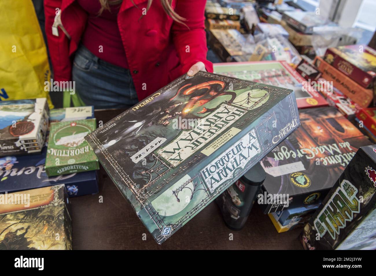 Brettspielmesse für Erwachsene, Kinder oder Familie - Second Hand Selling - Game Box | Festival de jeux de societe, des jeux de societe et de famille pour adultes et enfants. Vente de seconde main - Boites de jeux 25/08/2018 Stockfoto