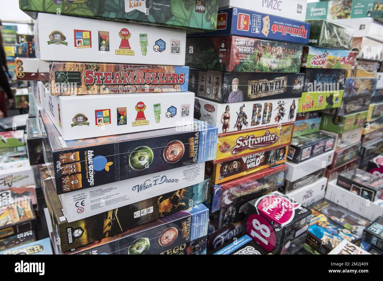 Brettspielmesse für Erwachsene, Kinder oder Familie - Second Hand Selling - Game Box | Festival de jeux de societe, des jeux de societe et de famille pour adultes et enfants. Vente de seconde main - Boites de jeux 25/08/2018 Stockfoto