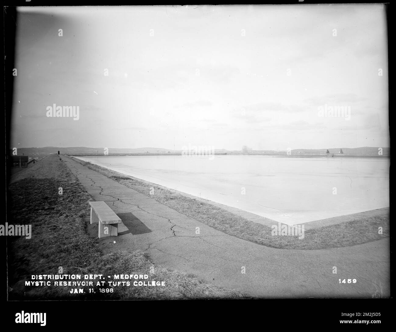 Vertriebsabteilung, Mystic Reservoir, am Tufts College, Medford, Mass., 11. Januar 1898, Wasserwerke, Wasserspeicher, Wasserverteilungsstrukturen Stockfoto