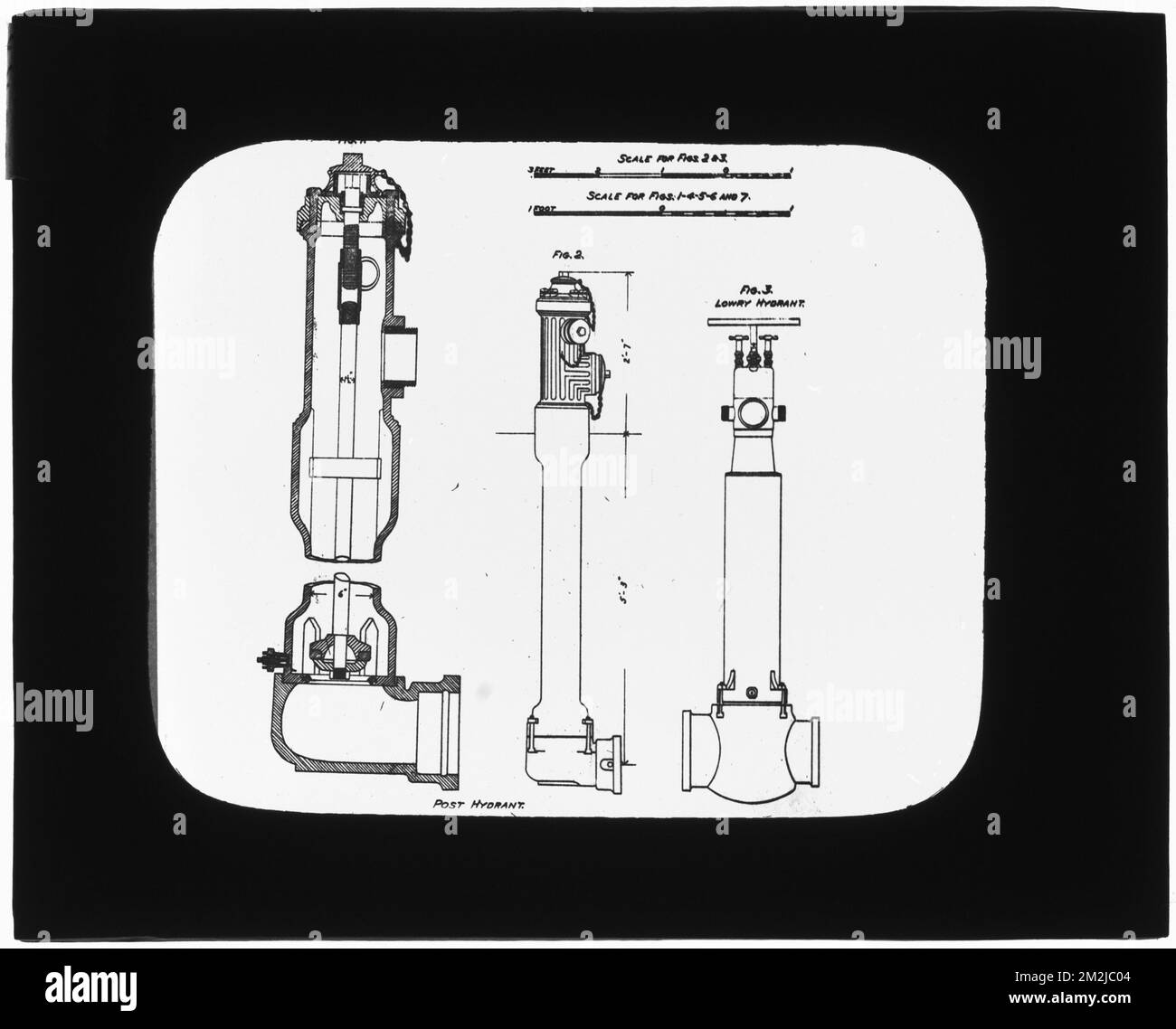 Verteilerabteilung, Post Hydrant und Lowry Hydrant, Engineering Plan, Mass., ca. 1880-1889 , Wasserwerke, Feuerhydranten, technische Karten Stockfoto