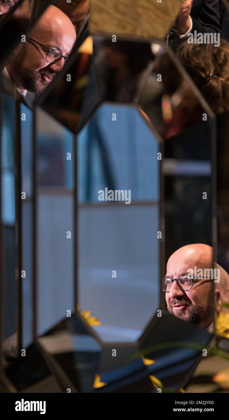 Der belgische Premierminister Charles Michel beantwortet Fragen nach einem Treffen mit dem iranischen Präsidenten Hassan Rohani während der 73.. Tagung der Generalversammlung der Vereinten Nationen (UNGA 73) am Dienstag, den 25. September 2018 in New York City, Vereinigte Staaten von Amerika. BELGA FOTO BENOIT DOPPPAGNE Stockfoto