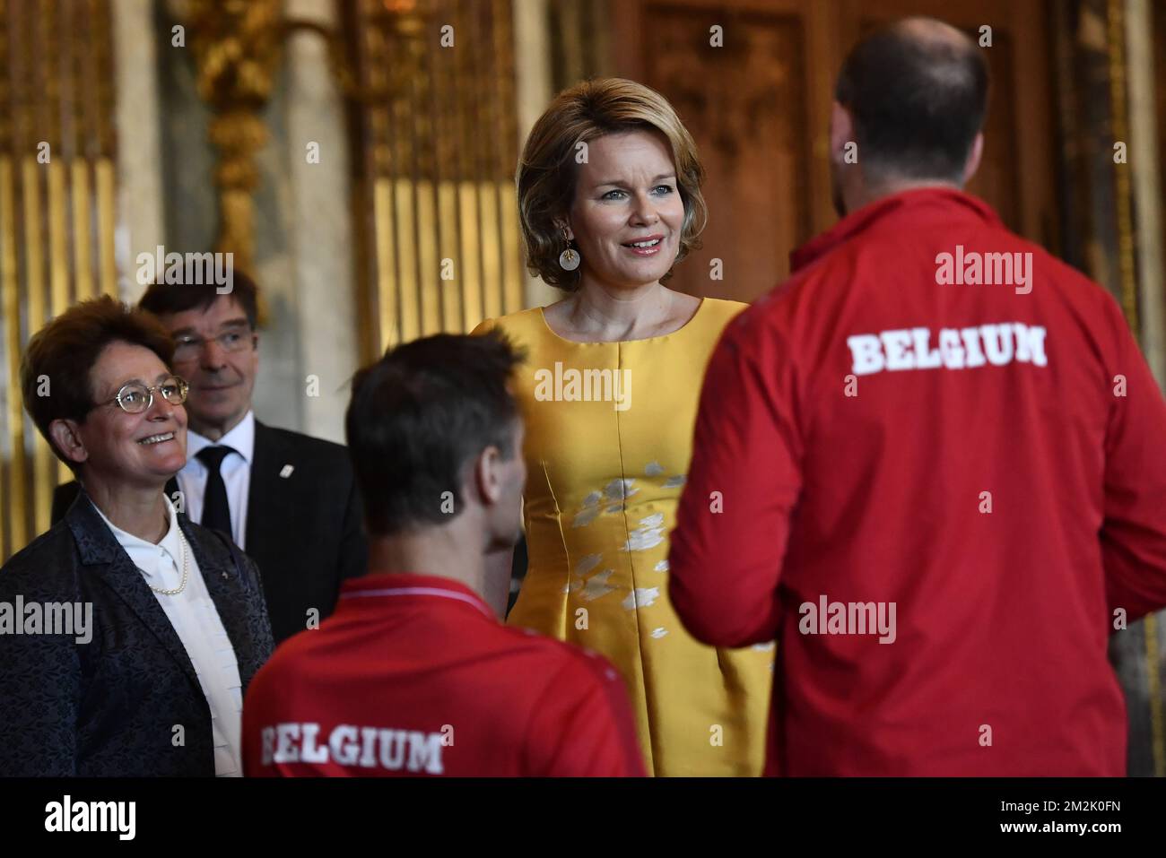 Königin Mathilde von Belgien auf einem Empfang des königlichen Paares, das Medaillengewinner der Europameisterschaften und der Weltmeisterschaften verschiedener Sportarten erhält, im Königspalast in Brüssel, Donnerstag, den 27. September 2018. Es werden Medaillengewinner aus den ersten 8 Monaten des Jahres 2018 in den Olympischen oder Paralympischen Sportarten eingeladen. BELGA FOTO DIRK WAEM Stockfoto