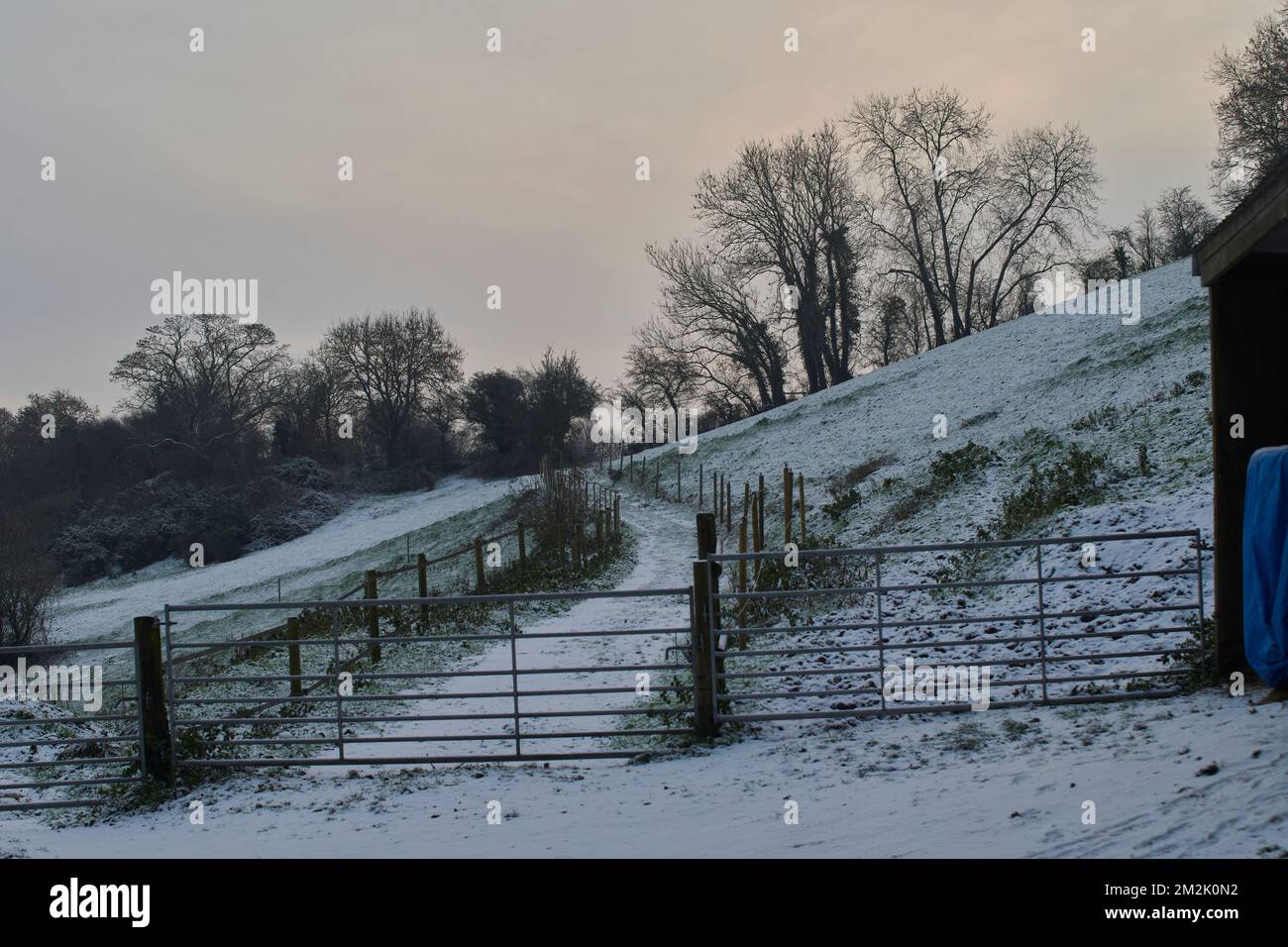Bickington, Vereinigtes Königreich, 14. Dezember 2022. Schnee und Eis rund um Farlacombe Farm, Bickington, Devon. Kredit: Will Tudor/Alamy Live News Stockfoto