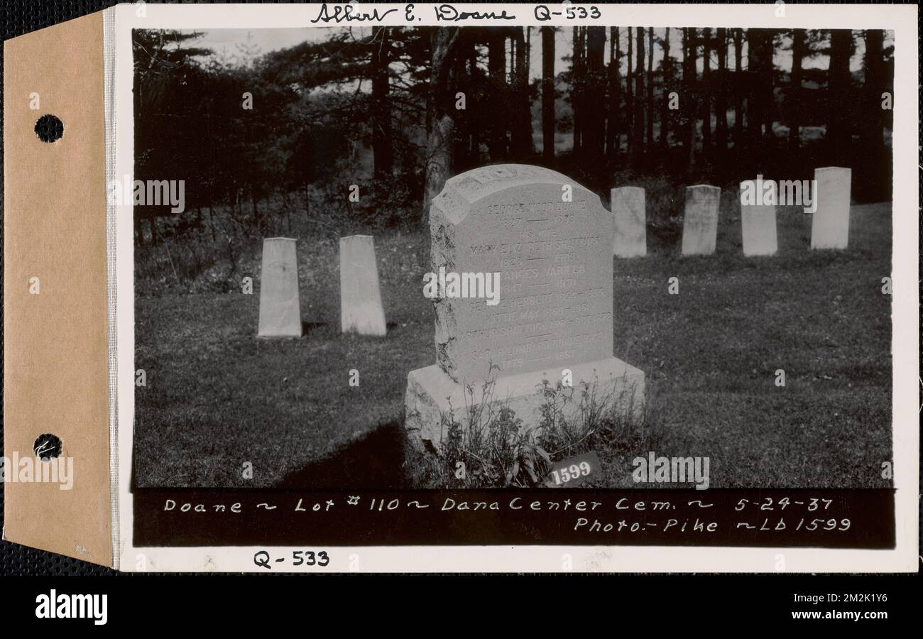 Doane, Dana Center Cemetery, Lot 110, Dana, Mass., 24. Mai 1937 : Albert E. Doane, Q-533 , Wasserwerke, Reservoirs, Wasserverteilungsstrukturen, Immobilien, Friedhöfe Stockfoto